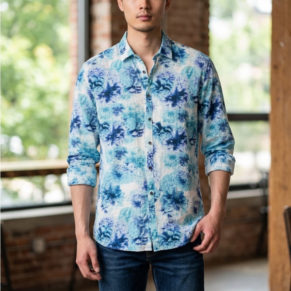 INC Men Blue Floral Linen-Blend Shirt - Casual Button-Up Size L